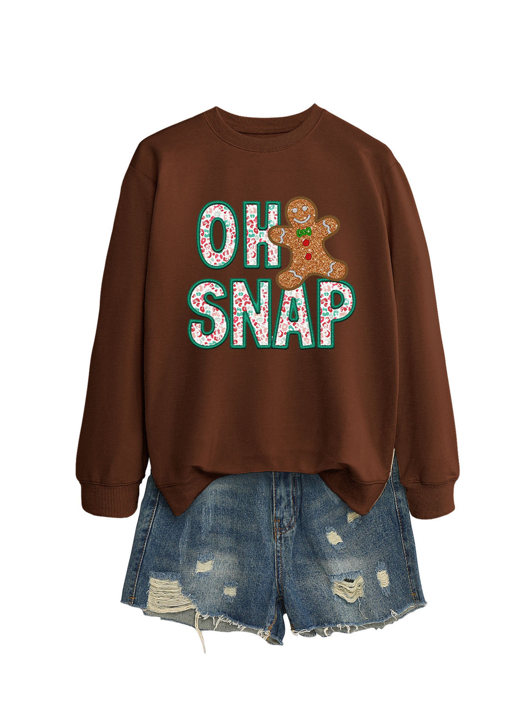 Dame sweatshirt med morsomt pepperkakemannmotiv og glitrende bokstaver Skjora