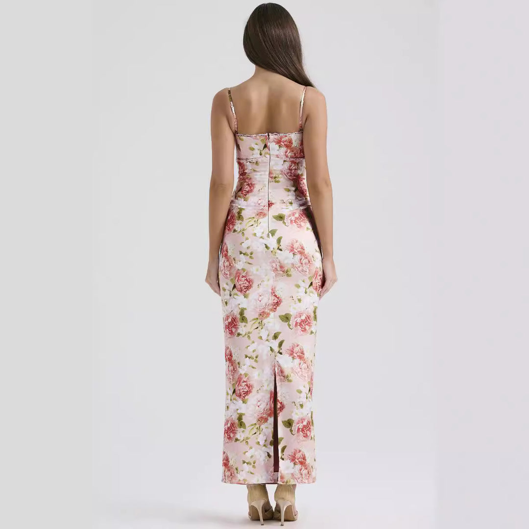 Damen Blumenkleid mit tailliertem Oberteil und schwingendem Saum Skjora