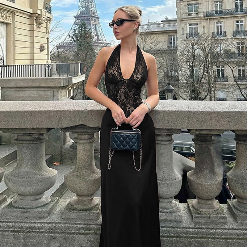 Dame Elegant Maxikjole med dyp V-hals og blonderinnsats Skjora