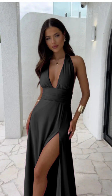 Kvinne Halter Maxi Kjole med Høy Slits og Fitted Snitt