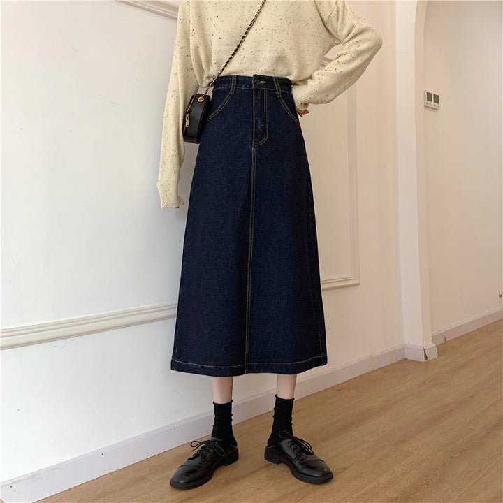 Dames denim midi skjørt med høy midje Skjora