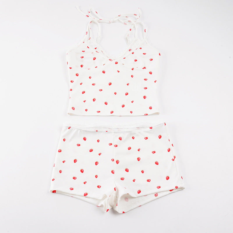 Dame loungewear-sett med spissedetaljer og fruktprint Skjora