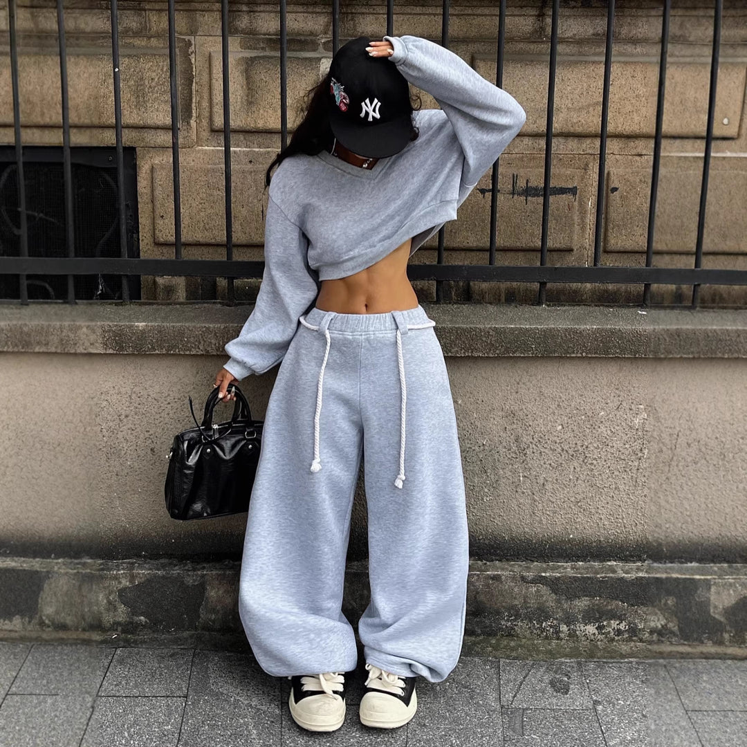 Kvinne casual crop topp og vide bukser sett Skjora
