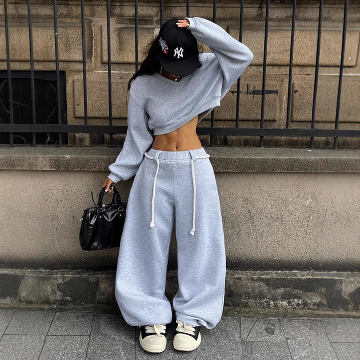 Kvinne casual crop topp og vide bukser sett Skjora