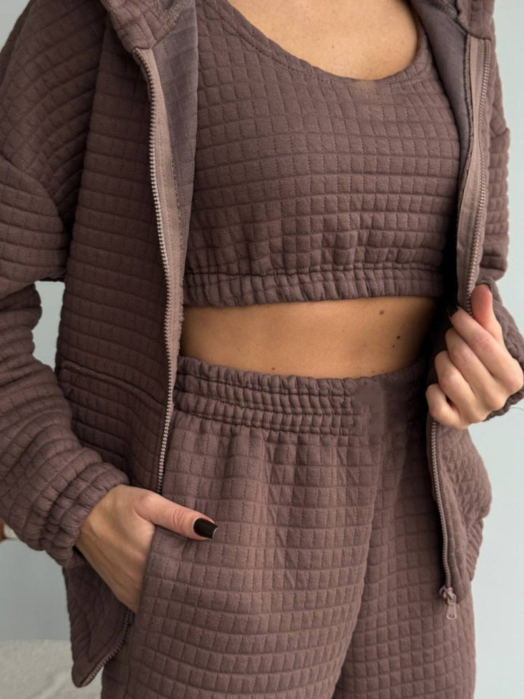 Kvinners komfortable loungewear-sett med teksturert topp og elastisk midjebånd Skjora