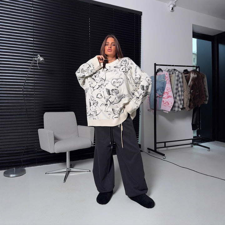 Dame Koselig Oversized Genser med Kreativt Dyremønster og Avslappet Snitt Skjora