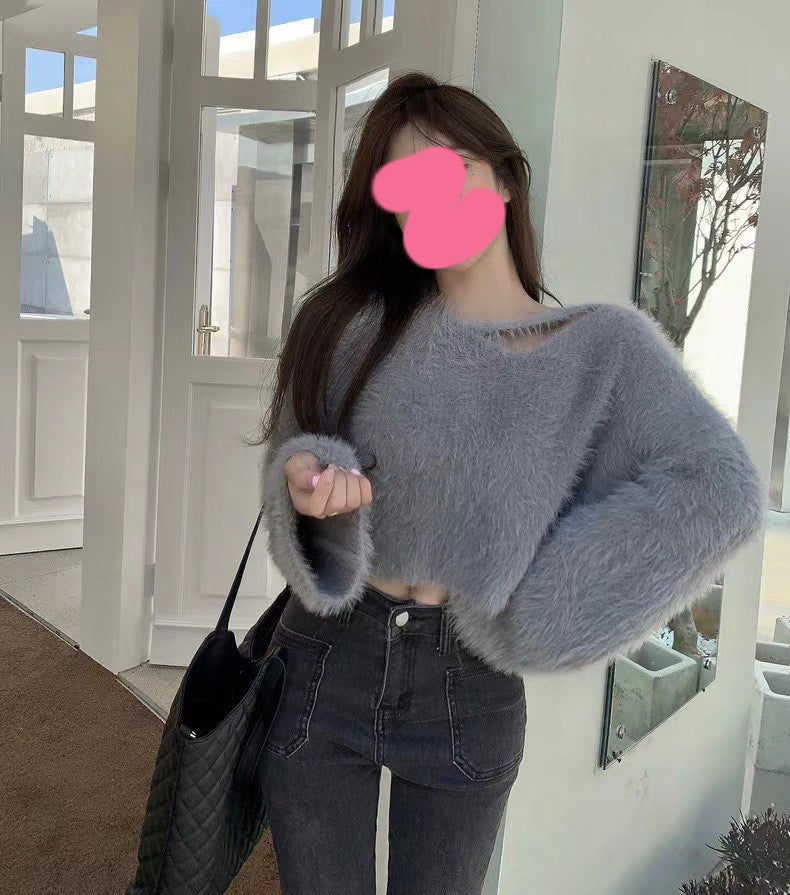 Kvinne Fluffy Korte Genser med Mykt Strikket Mønster Skjora