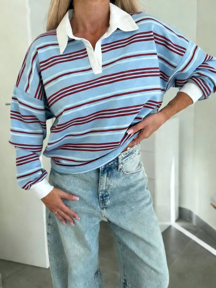 Kvinnenes stripete polo sweatshirt med kontrastkrage og oversized passform Skjora