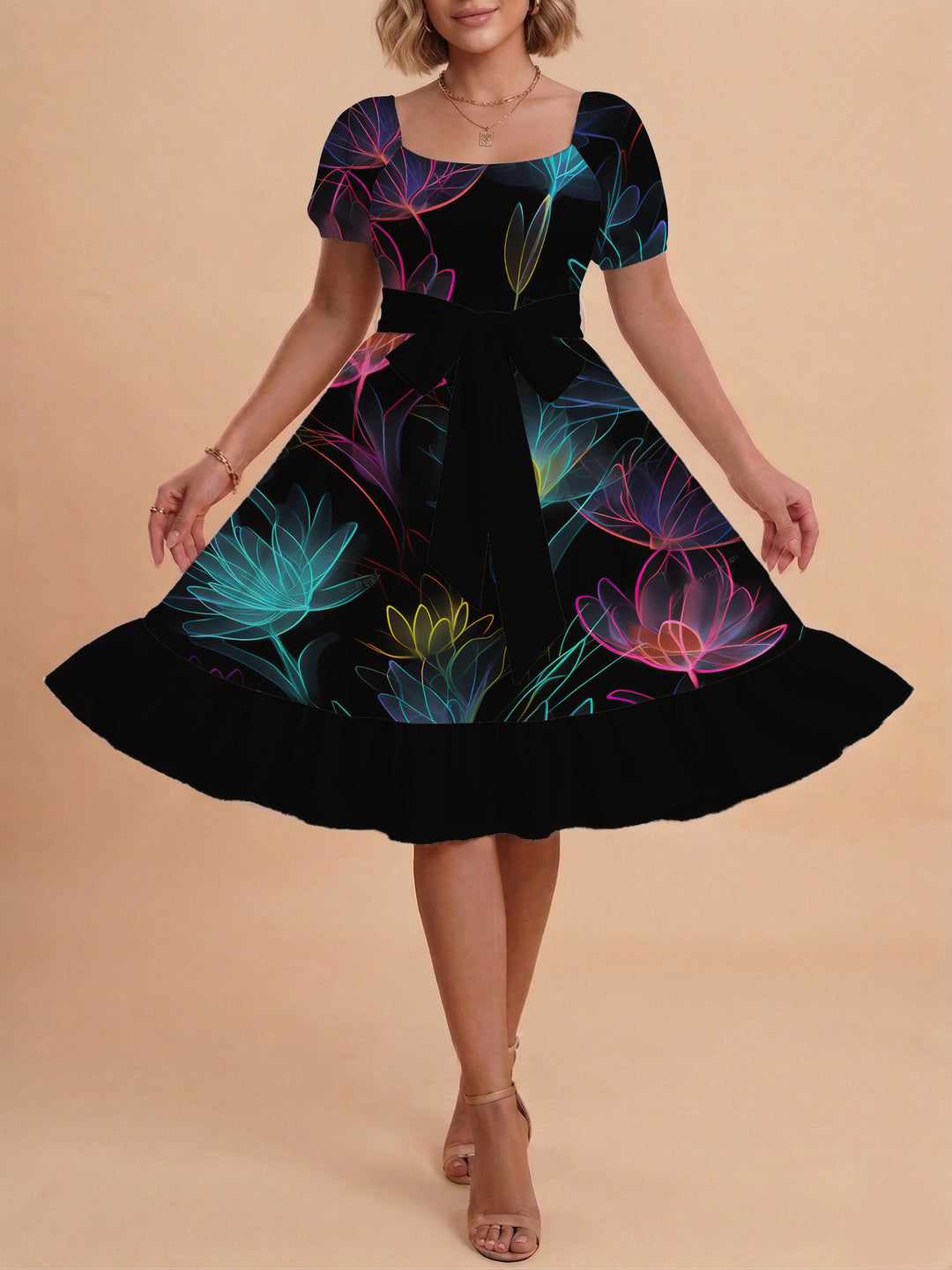 Damen Sommerkleid mit floralem Puffärmel und taillierbarem Gürtel Skjora