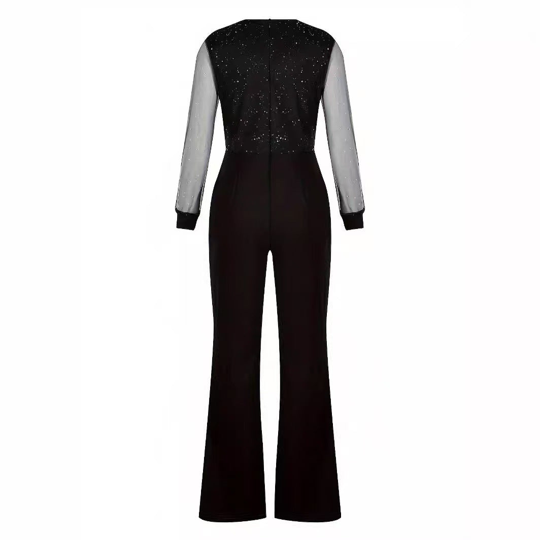 Damer Elegant Jumpsuit med gjennomsiktige ermer og gnistrende detaljer Skjora