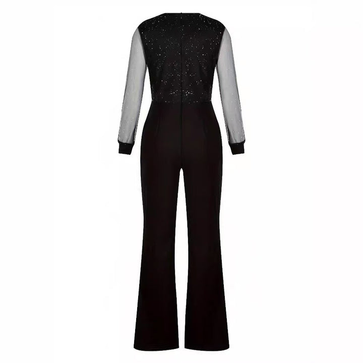 Damer Elegant Jumpsuit med gjennomsiktige ermer og gnistrende detaljer Skjora