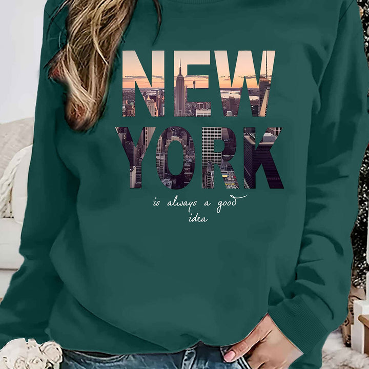 Kvinnenes sweatshirt med kreativ New York skyline print og komfortabel passform Skjora