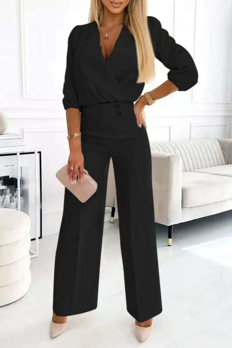 Kvinne elegant jumpsuit med omslagstopp og høyt liv ben Skjora