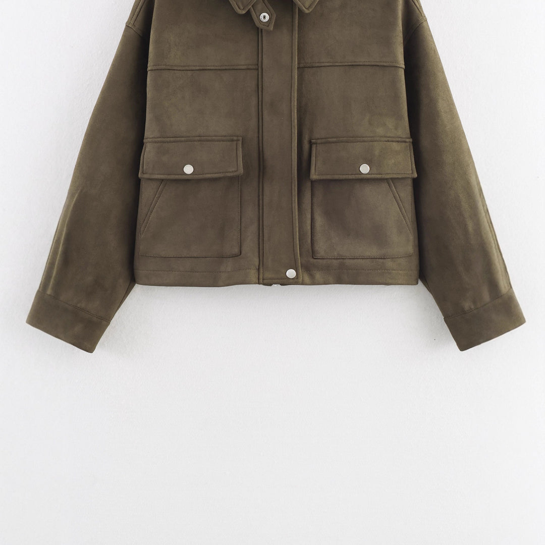 Women's Fashion Short Jacket Made of Soft Synthetic Leather with Practical Pockets