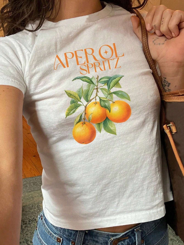 Dame Crop-T-skjorte med kreativ cocktail-design Skjora