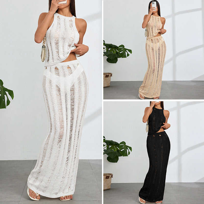 Damen Häkel-Maxi-Kleid mit tiefen Cut-Outs und elegantem Design Skjora