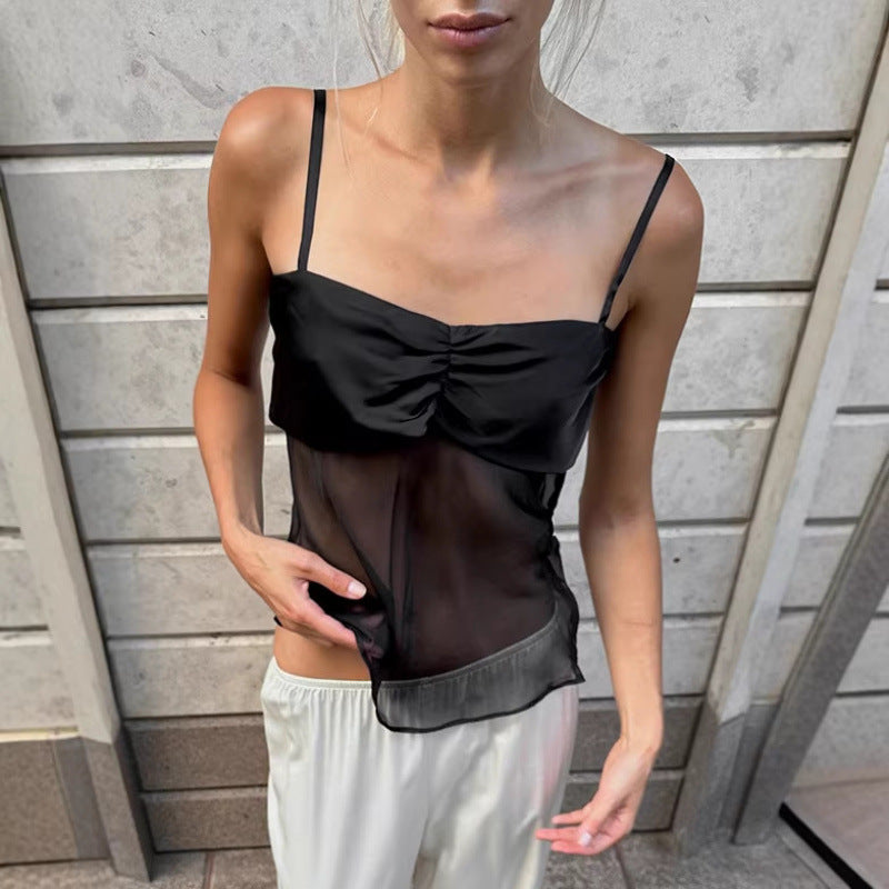 Damer Sexy Top med svarte stropper og elegant plissert design Skjora
