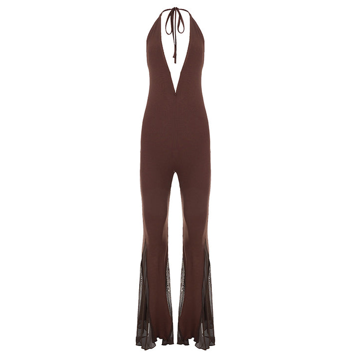 Dame Flared Jumpsuit med dyp V-hals og transparente volanger Skjora