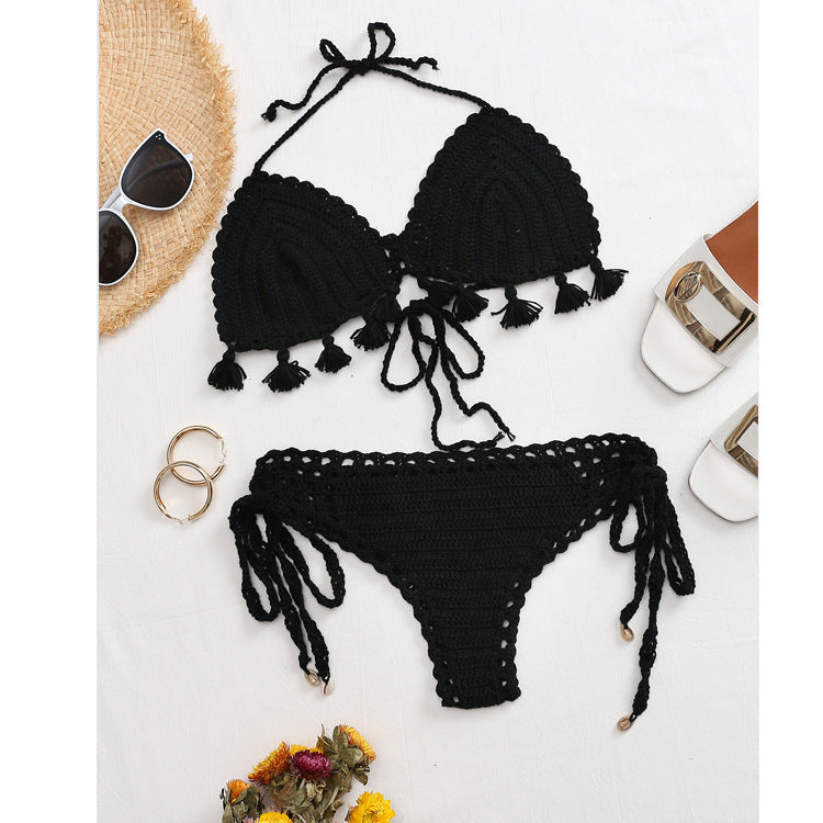 Damen Häkel-Bikini-Set mit fransigen Akzenten und verstellbaren Trägern Skjora