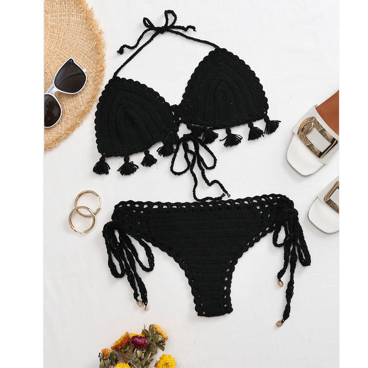 Damen Häkel-Bikini-Set mit fransigen Akzenten und verstellbaren Trägern Skjora