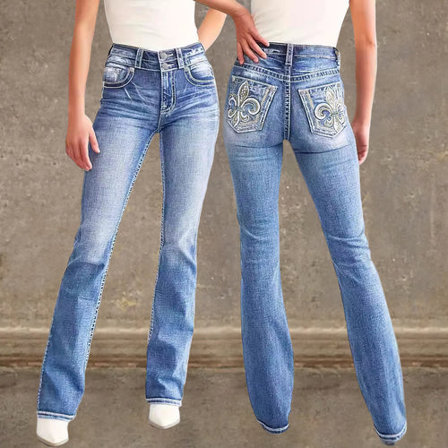 Kvinne Flared Jeans i Vintage Stil med Høy-Grad Detalj og Raffinert Broderi Skjora