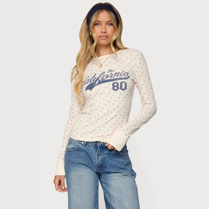 Dame Langermet T-skjorte med blomsterprint og sporty trykk Skjora
