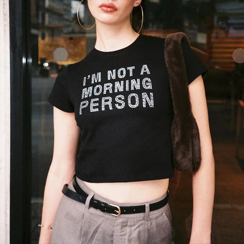 Dame casual cropped T-skjorte med glitter-tekst Skjora