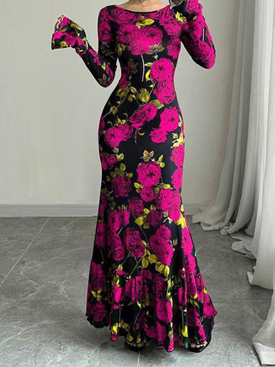 Kvinnene Elegant Maxi Kjole med Blomster Rysjedetaljer og Lange Ermer Skjora