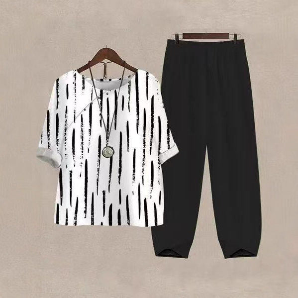 Dame Casual Fritids Sett med Kreativ Stripete Topp og Komfortable Bukser Skjora