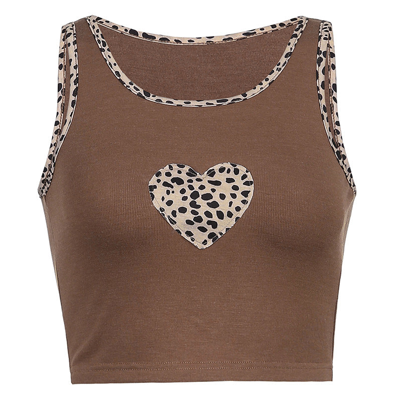 Dame Cropped Top med kreativt hjerte motiv og trendy dyremønster Skjora