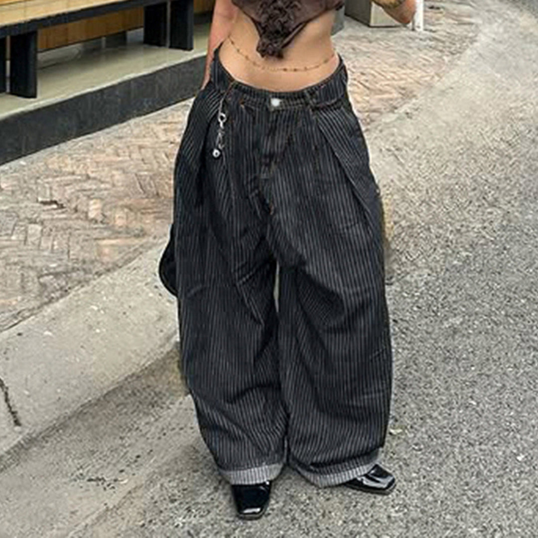 Damer Bred Høytaljede Stripete Jeans Skjora