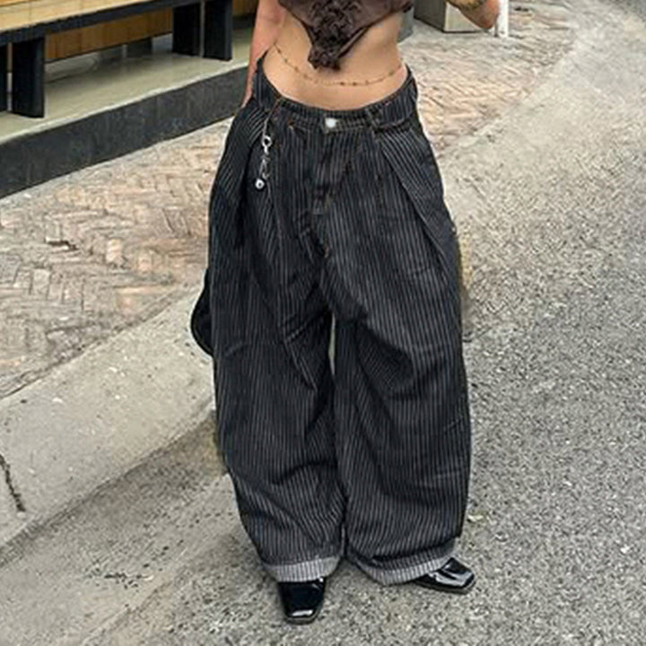 Damer Bred Høytaljede Stripete Jeans Skjora
