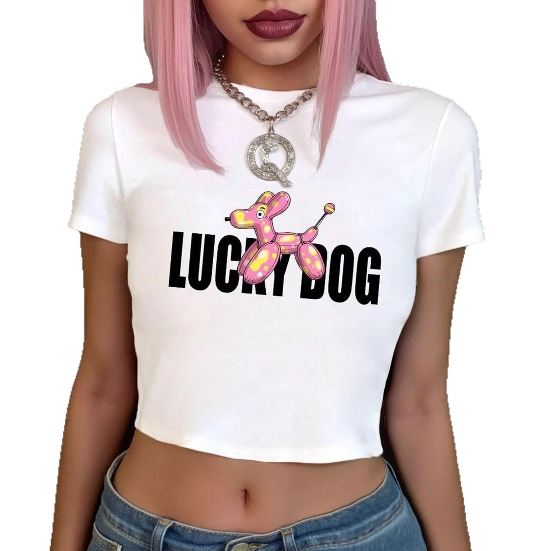 Damer Crop-Top T-shirt med morsom ballonghund-design Skjora