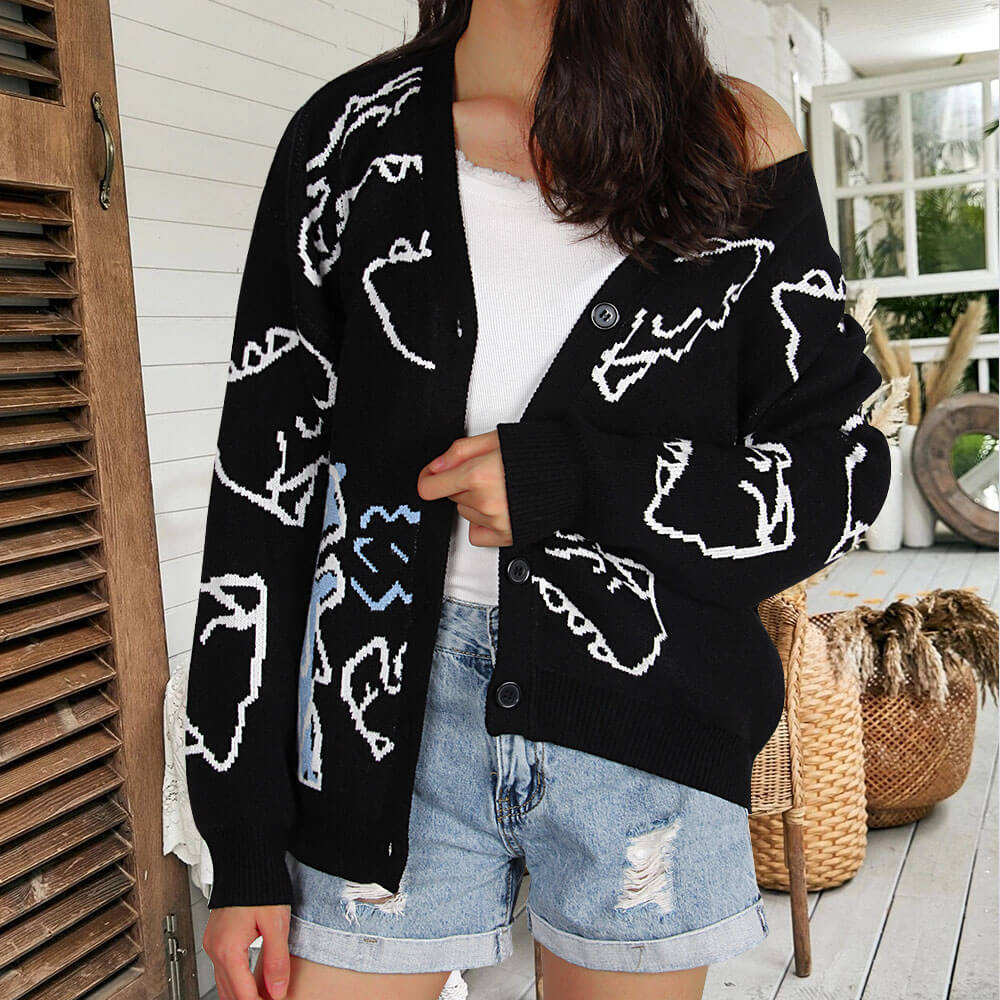 Kvinnens mønstrede cardigan med morsomt dinosaurmotiv Skjora