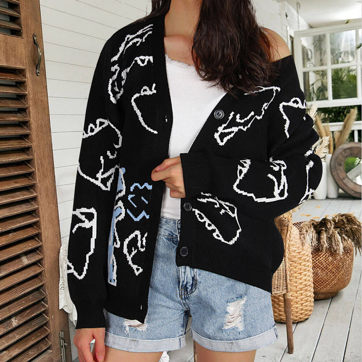 Kvinnens mønstrede cardigan med morsomt dinosaurmotiv Skjora