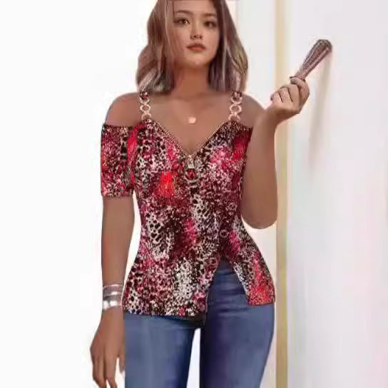Dame Off-Shoulder topp med maritimt motiv og dekorative knapper Skjora