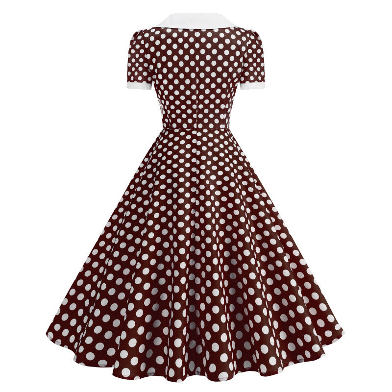 Dame Retro Maxikjole med Krage og Dots Skjora