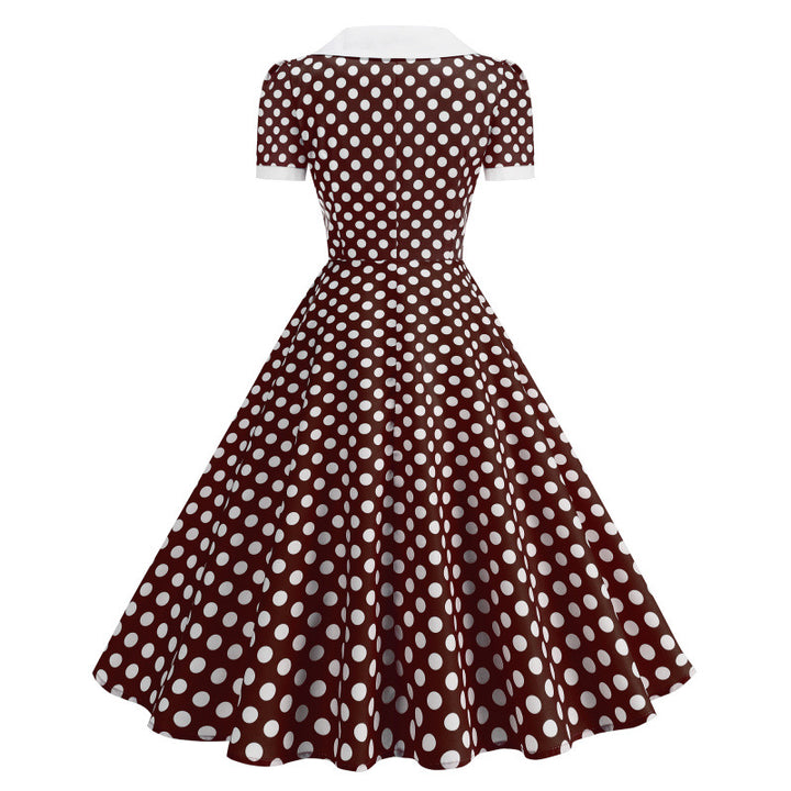 Dame Retro Maxikjole med Krage og Dots Skjora