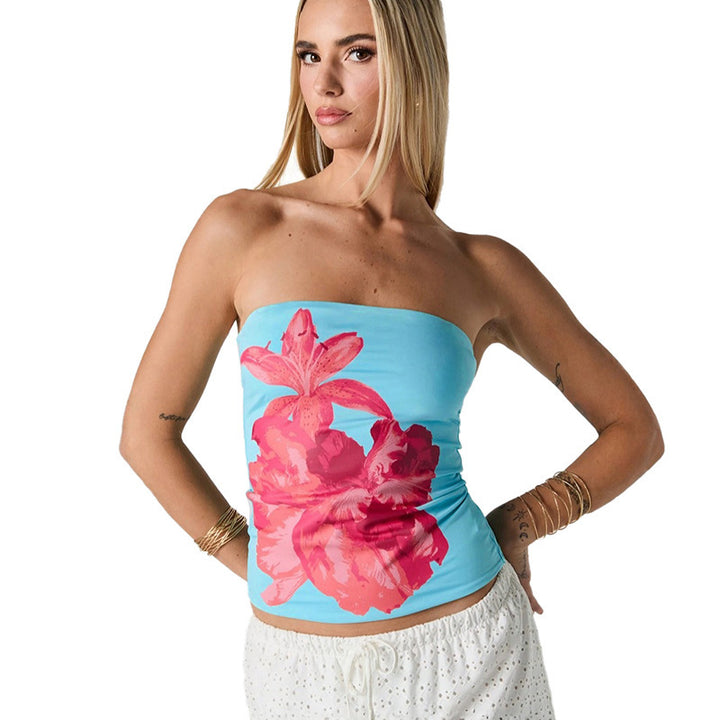 Dame Bandeau-top med blomstermønster og elastisk stoff Skjora