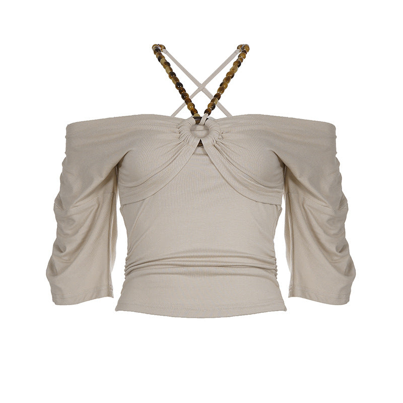 Dame Off-Shoulder Top med voluminøse ermer og dekorativ knute Skjora