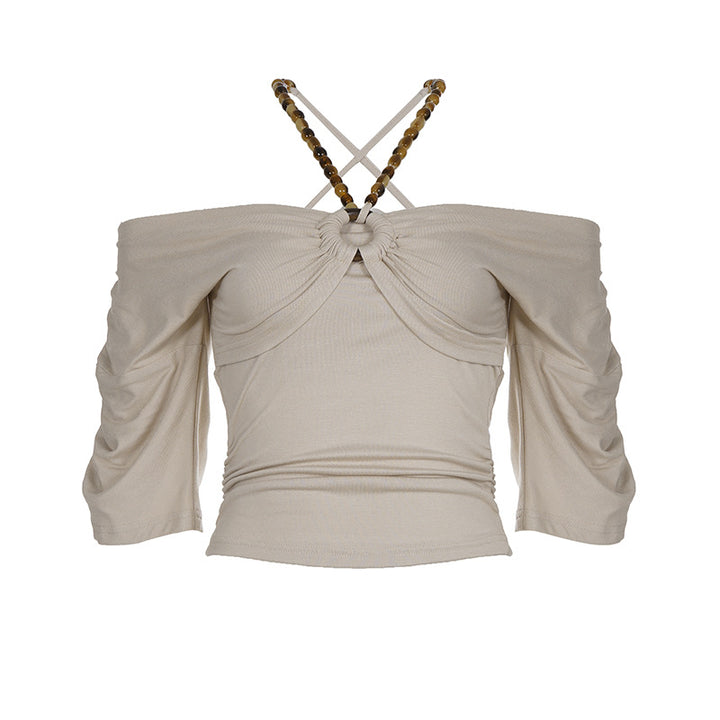 Dame Off-Shoulder Top med voluminøse ermer og dekorativ knute Skjora