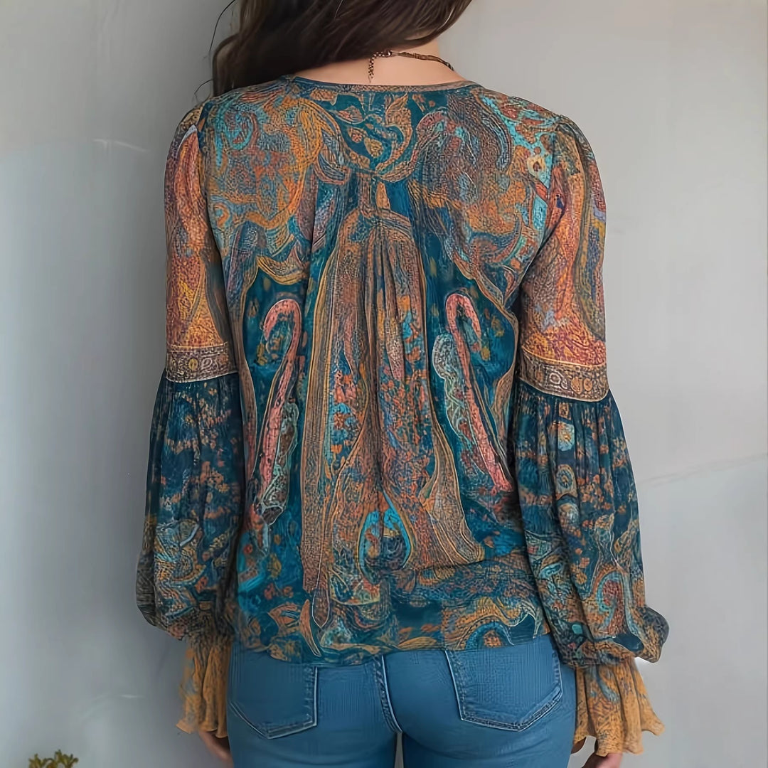 Dame Boho-Chic Bluse med flammet ermer og V-hals Skjora