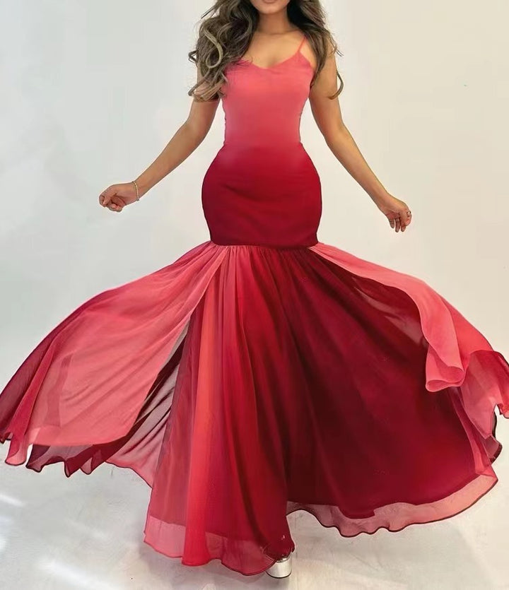 Damer Elegant Maxi Kjole med Strømmende Skjørt og Stilfull Gradient