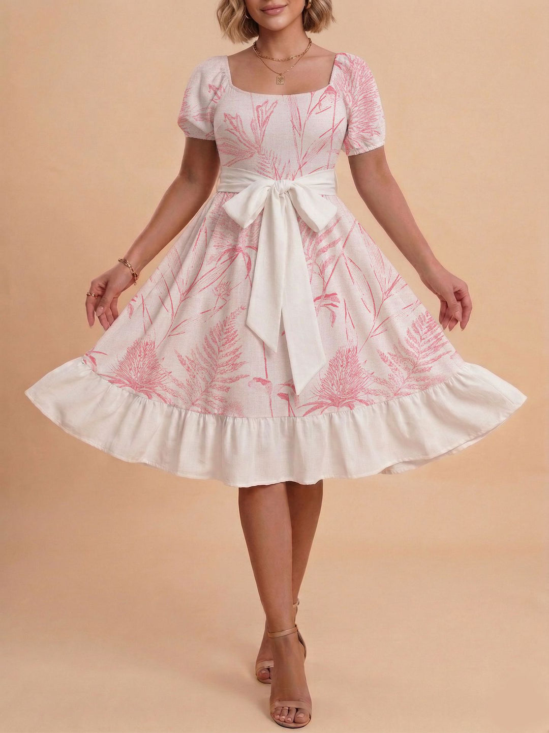 Damen Retro Maxikleid mit Puffärmeln und Taillengürtel Skjora