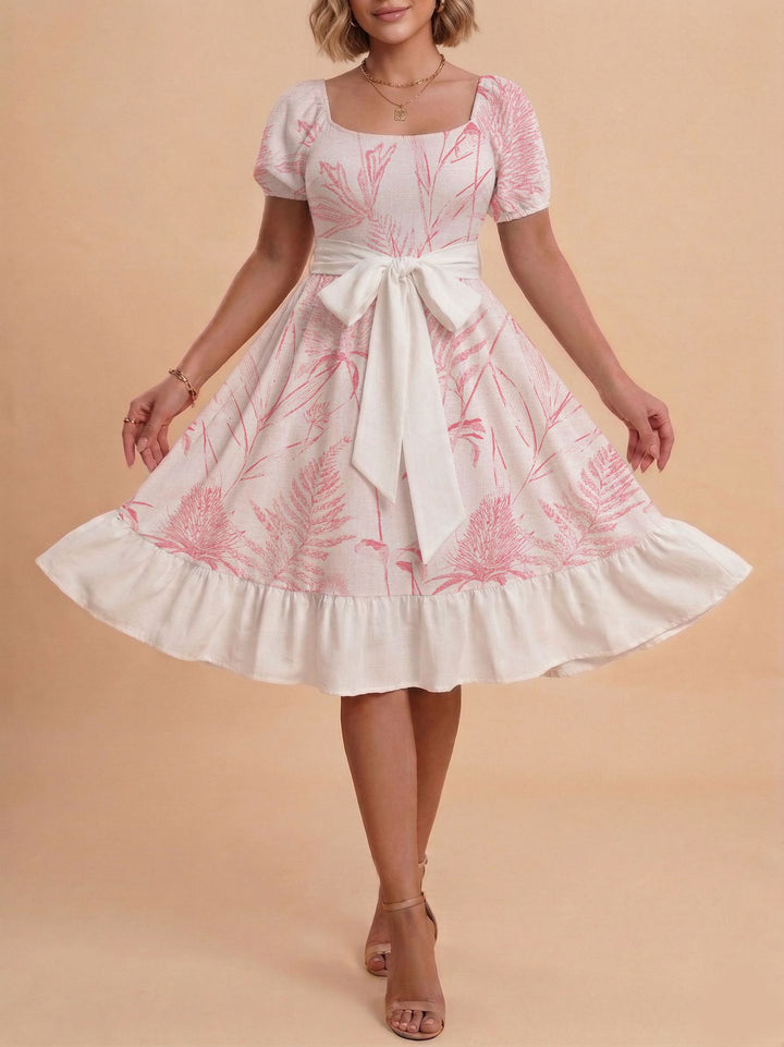 Damen Retro Maxikleid mit Puffärmeln und Taillengürtel Skjora