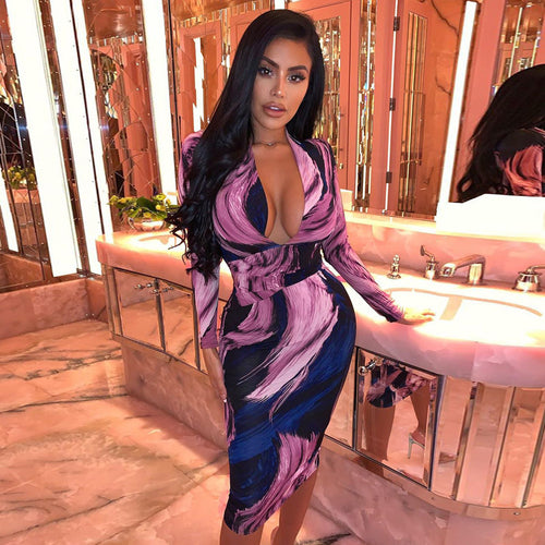 Dame Bodycon kjole med dyp V-hals og floral mønstring Skjora