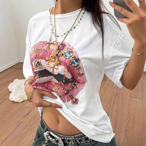 Dame Oversized T-skjorte med kreativ leppe- og smykkedesign Skjora