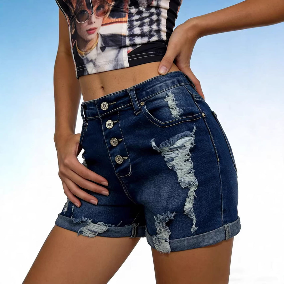 Dame moterik ødelagte denim-shorts med knappliste Skjora