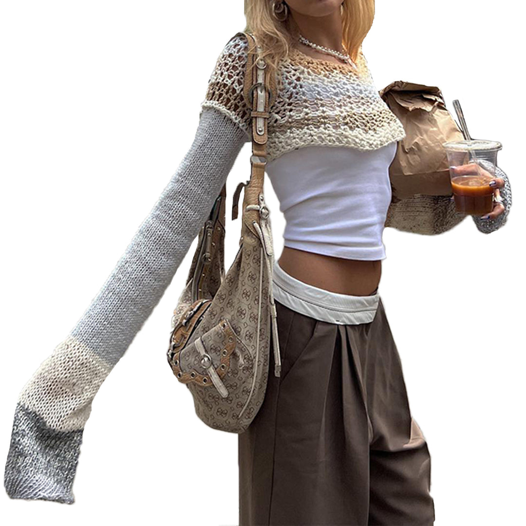 Damer heklede crop-top med lange ermer og fargerike striper Skjora