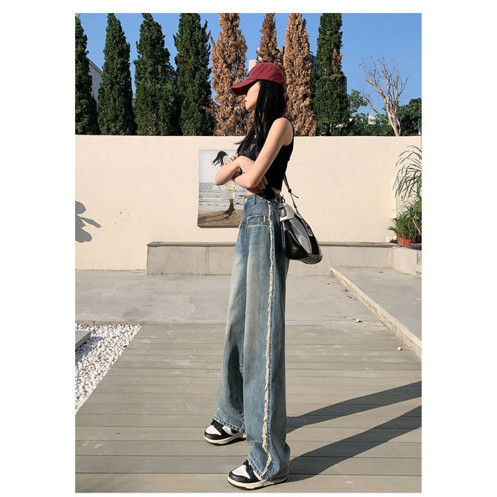 Kvinner Bred Cut Denim Jeans med Frynser og Høy Beina Skjora